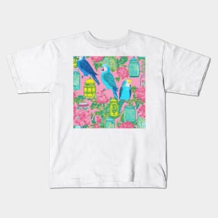 Preppy budgies and chinoiserie jars on pink Kids T-Shirt